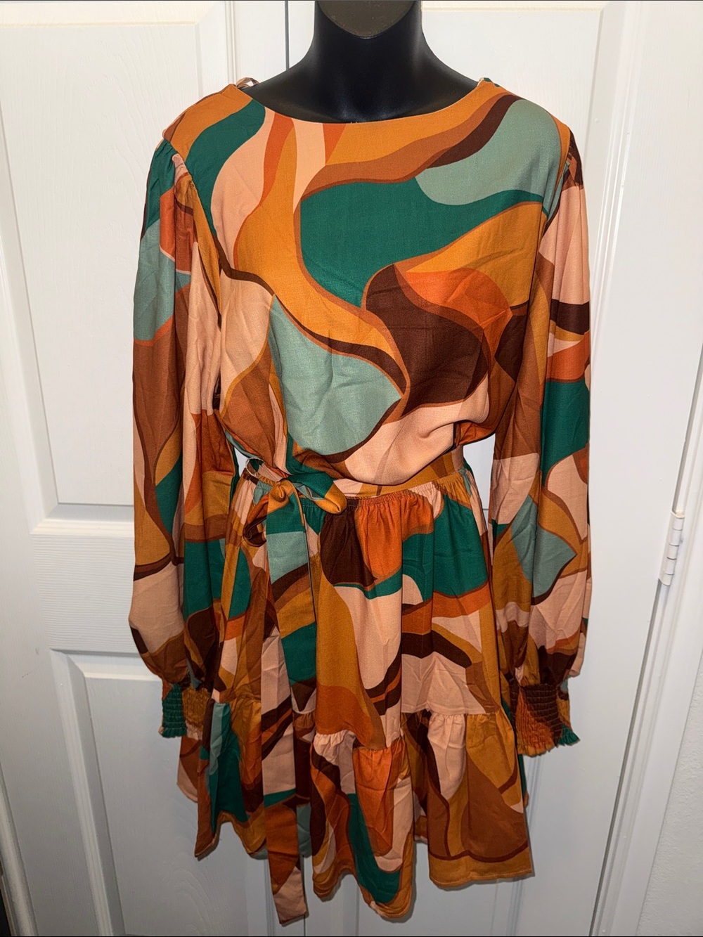 Flying Tomato Abstract Midi Dress in Green, Rust, Brown, Cream
